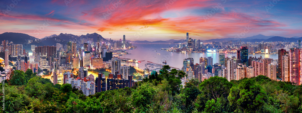 Hong Kong - Victoria harbour at sunset, panorama - obrazy, fototapety, plakaty 