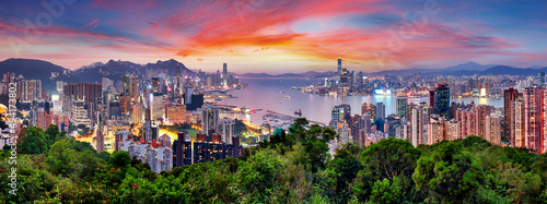 Hong Kong - Victoria harbour at sunset, panorama photo