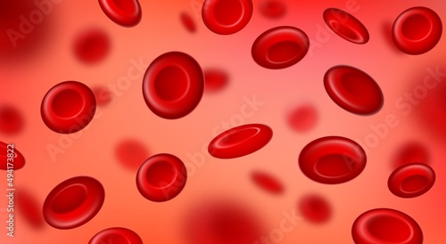 Red blood cells flow, macro view erythrocyte background. Realistic bloodstream circulation closeup. Hematology medicine 3d vector concept photo
