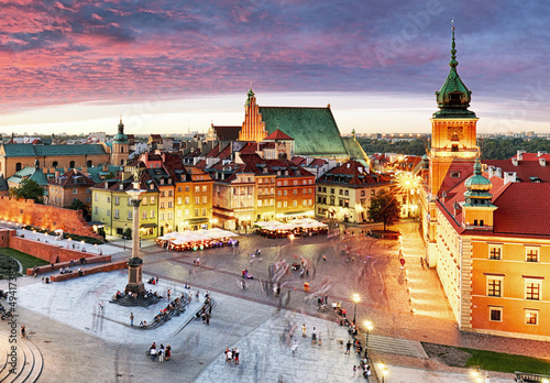 Night panorama of Old Town in Warsaw, Poland
