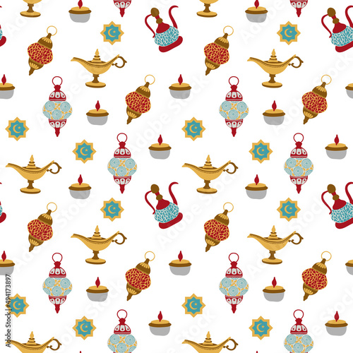 Seamless pattern for Ramadan Kareem. Drawn style. Design for fabric, textile, wallpaper, packaging.
