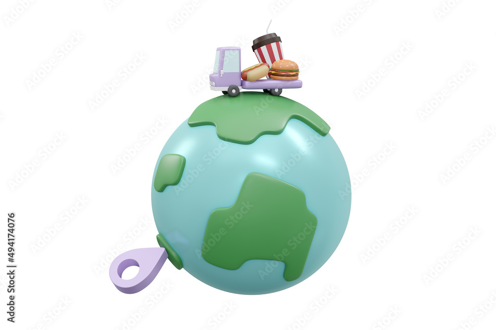 Obraz premium 3D Rendering of location service symbol around the world isolate on background concept of worldwide food shipping business. 3D Render illustration cartoon style.