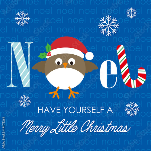 merry christmas card with robin bird and noel text