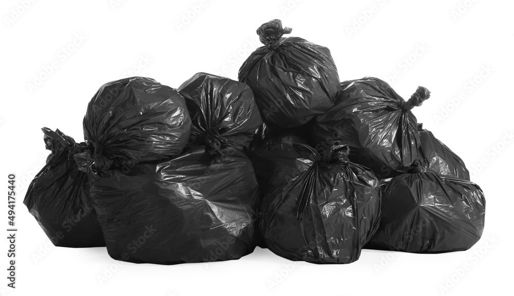 Black trash bags full of garbage on white background Stock-Foto | Adobe  Stock