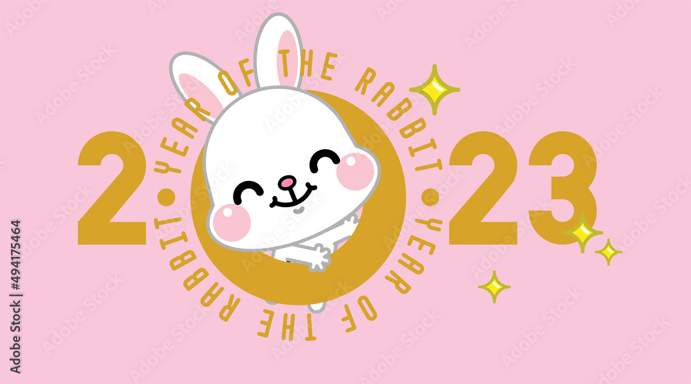 Fototapeta premium Happy Chinese new year 2023, the year of the rabbit zodiac. Little bunny greeting card, poster, banner, brochure, calendar. (Translation : Happy new year, Year of rabbit)