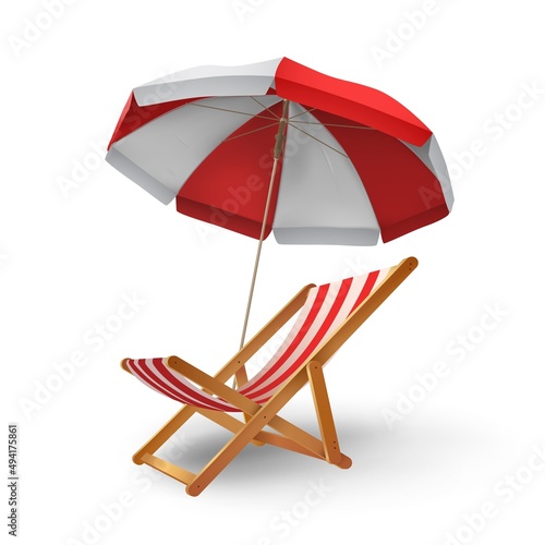 Realistic beach parasol umbrella and chaise longue for vacation. Recliner chair under sunshade awning. 3d summer relaxation vector concept