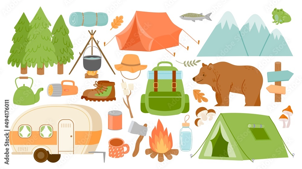 Cartoon camping and hiking equipment, tent and forest nature. Camp fire, bag, road home, lantern and mat. Survival hike adventure vector set Cartoon camping and hiking equipment, tent and forest nature. Camp fire, bag, road home, lantern and mat. Survival hike adventure vector set