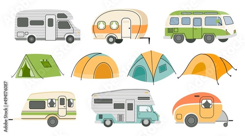 Cartoon camping RV trailers and cars, road motorhomes and tents. Camp caravan vehicle for nature vacation and summer travel van vector set
