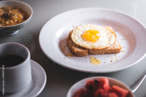 healthy breakfast with egg and toasts