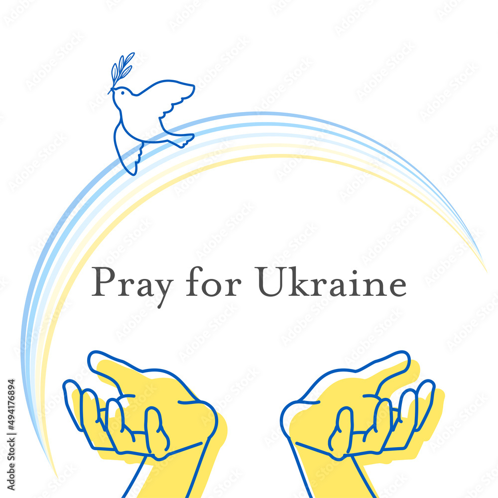 Fototapeta premium Illustration of hands praying for peace of Ukraine and a dove with an olive branch in its mouth