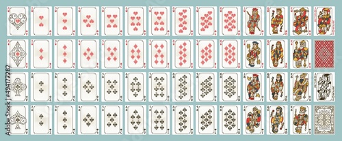Poker playing cards designs, full deck for casino game. King, queen, jack, ace and joker. Diamonds, hearts, spades and clubs card vector set