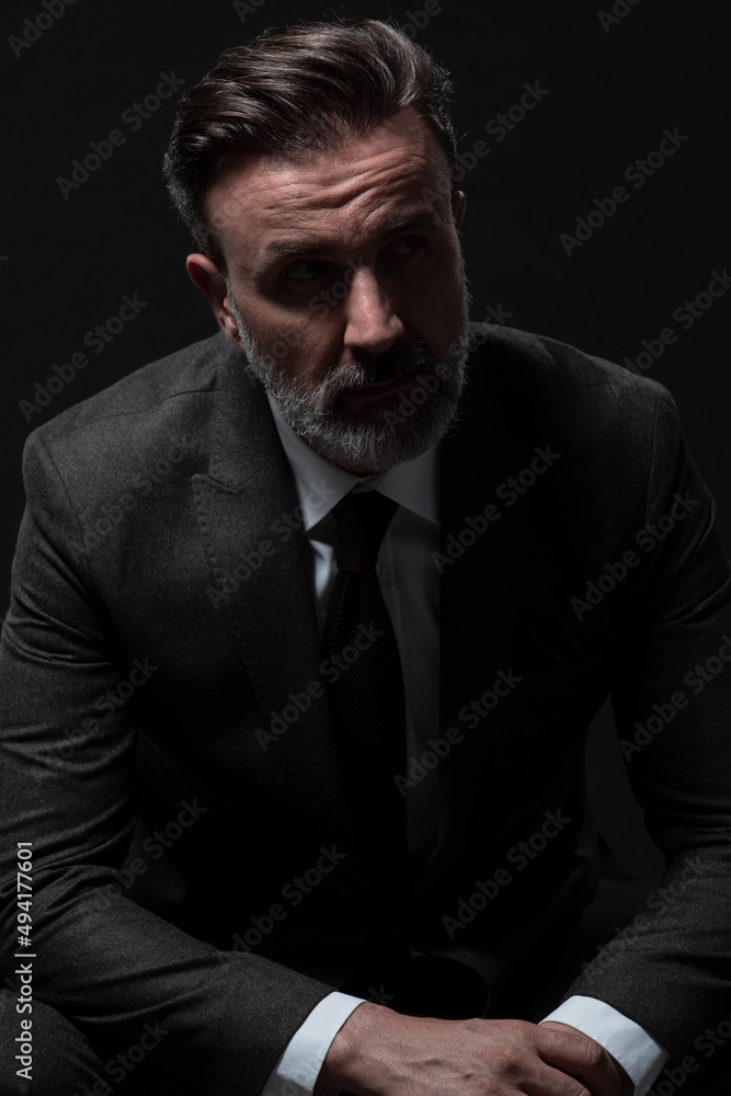 Fototapeta premium Portrait of a stylish elegant senior businessman with a beard and casual business clothes in photo studio isolated on dark background gesturing with hands