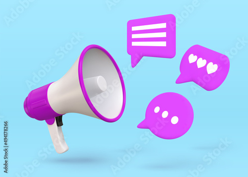 Marketing poster with 3d megaphone loud speaker and chat bubbles. Social network advertising, hiring announce or job vacancy vector concept