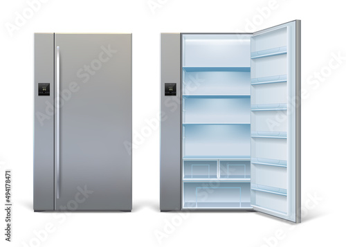 Realistic open and closed modern refrigerator mockup with shelves. Empty wide fridge with sensor panel. Home kitchen refrigerator vector set