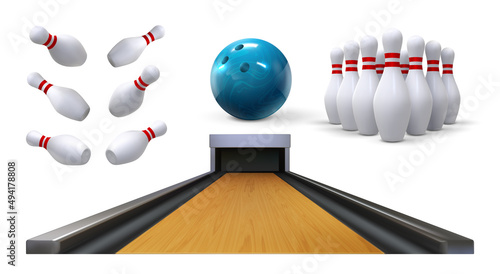 Fotografija Realistic bowling elements, gaming balls, skittle clubs and track