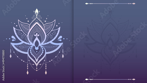 Violet oriental floral background with holographic lotus with place for text