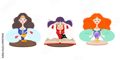 Set of fortune teller female characters. Vector illustration of a beautiful girls telling the future by seeing magic ball, using coffee grounds and magic book isolated on a white background. 
