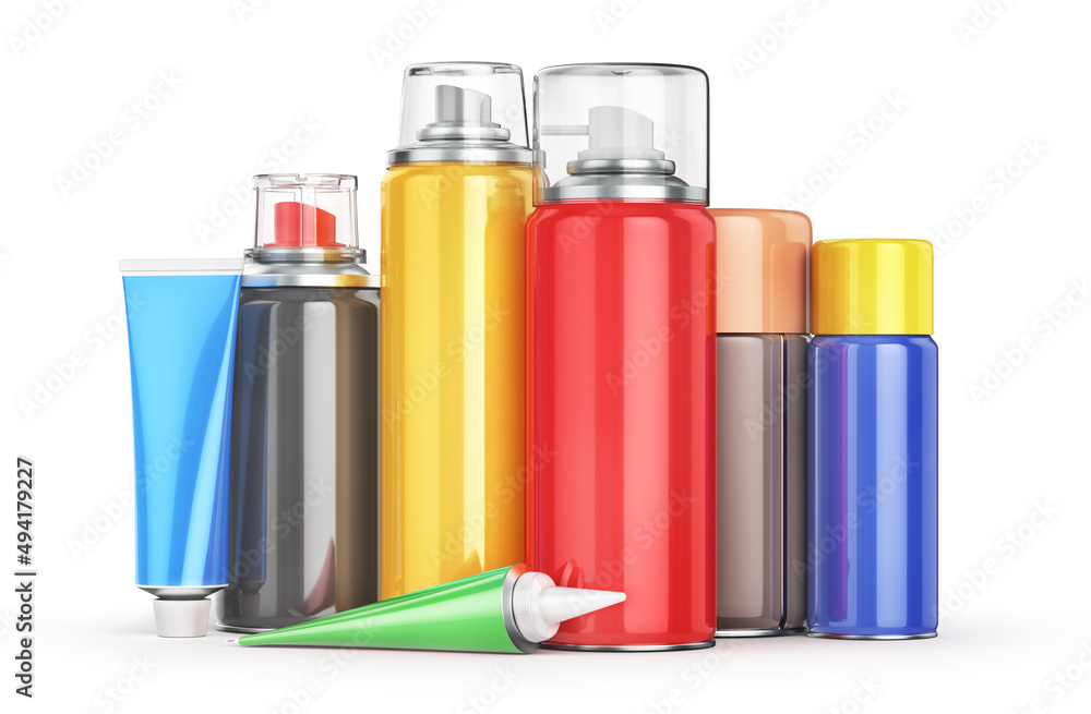 Different Bottles of car maintenance products on a white background. Oil, detergents and lubricants. 3d illustration Different Bottles of car maintenance products on a white background. Oil, detergents and lubricants. 3d illustration