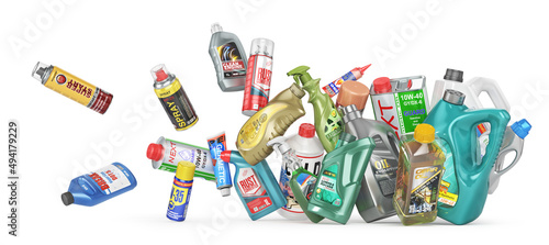 Different Bottles of car maintenance products on a white background. Oil, detergents and lubricants. 3d illustration