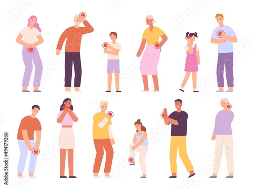 Sad adults, elders and kids with pain in neck, stomach and headache. Cartoon people with hurting back, wrist, throat and chest vector set
