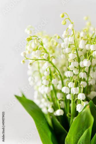 Beautiful bouquet of lilies-of-the-valley on a white background, side view, close up. Greeting card, spring background. Vertical