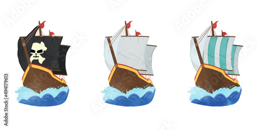Cute sailing ship illustration set