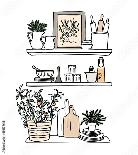 Kitchen shelves with utensils in doodle style.Hand drawn set of elements.