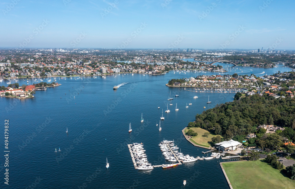 Aerial view of the  Parramatta river and marina near the suburb of Woolwich.