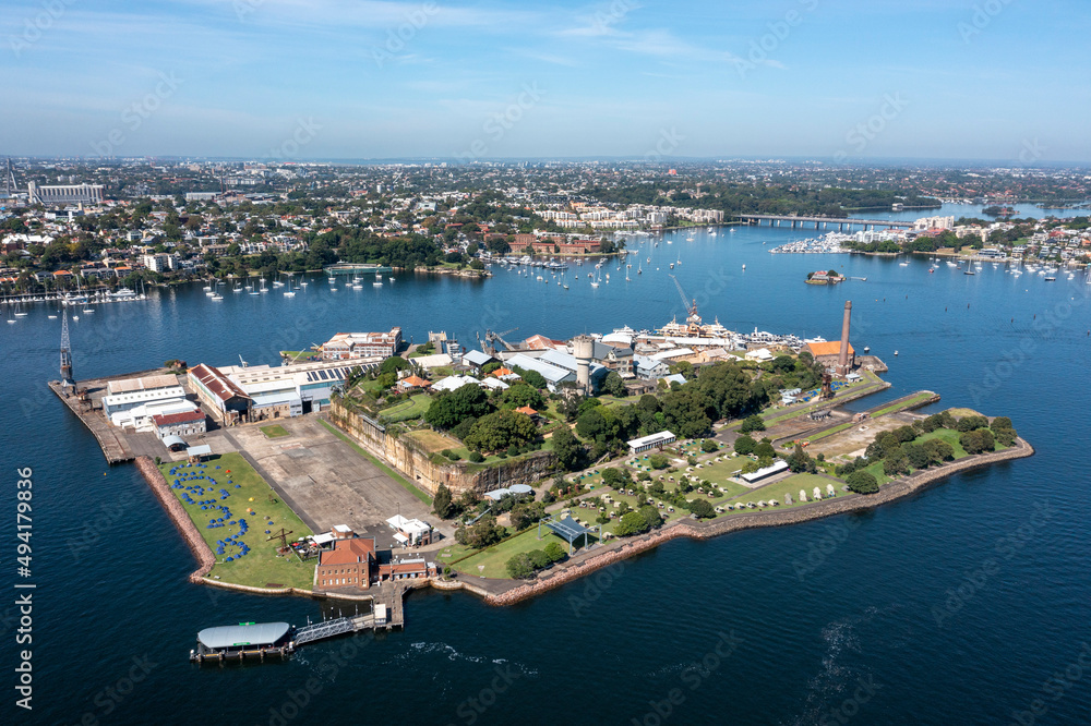 Fototapeta premium Aerial view of Cockatoo Island 0n the Parramatta river, Sydney, Australia.