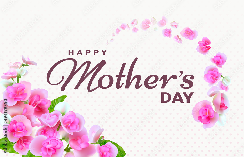 Happy Mother's Day. Greeting card with beautiful blooming flowers on light pink dots background. Template for International Mother's Day. Happy Mother's Day. Greeting card with beautiful blooming flowers on light pink dots background. Template for International Mother's Day.