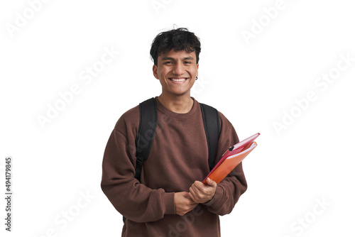 Young peruvian student smiling and looking at camera. Isolated over white background. photo