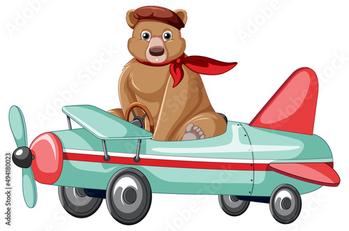Cute cartoon bear flying a plane on white background