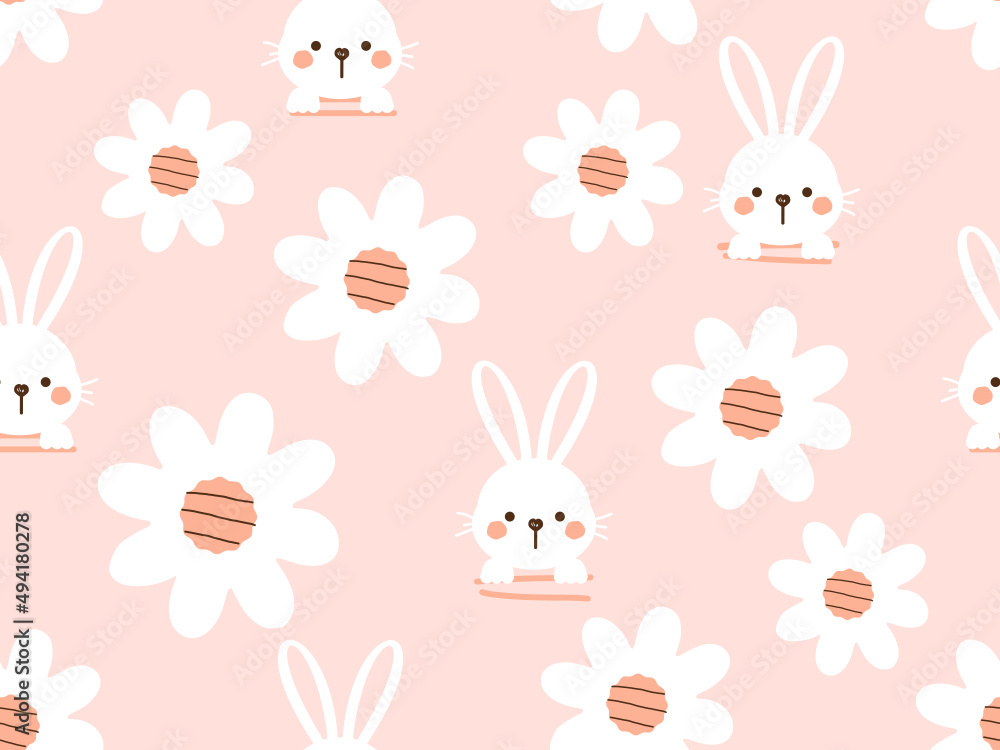 Seamless pattern with rabbits, daisy flower on orange background vector.