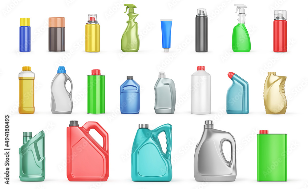 Different Bottles of car maintenance products on a white background. Oil, detergents and lubricants. 3d illustration Different Bottles of car maintenance products on a white background. Oil, detergents and lubricants. 3d illustration