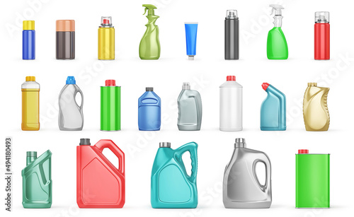 Different Bottles of car maintenance products on a white background. Oil, detergents and lubricants. 3d illustration