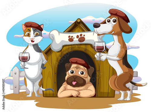 A group of cartoon domestic dog and cat