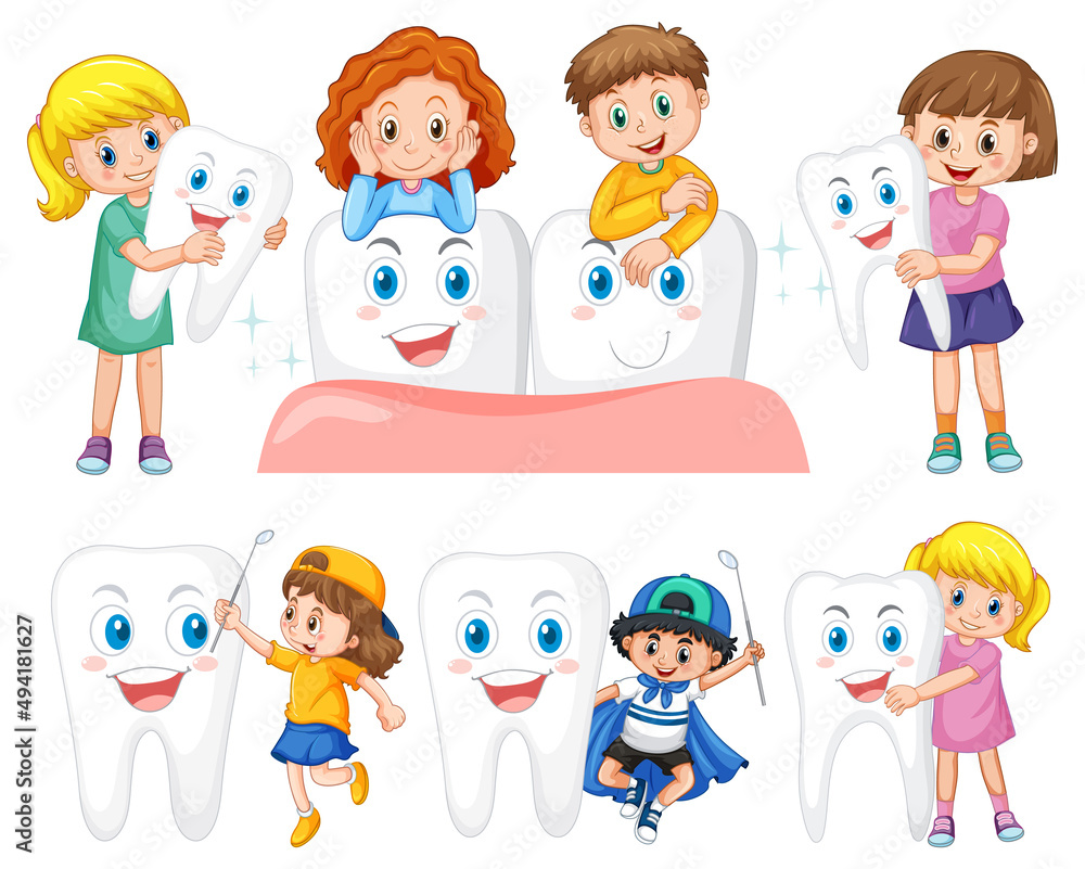 Set of happy kid holding a big tooth and dental mirror on white background Set of happy kid holding a big tooth and dental mirror on white background
