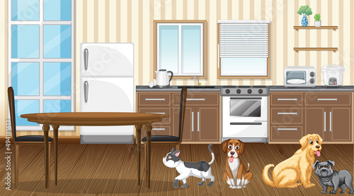 Set of different domestic animals in kitchen