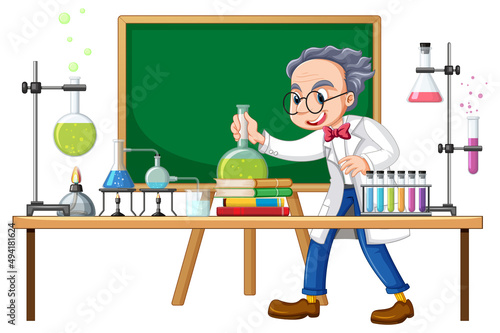 Scientist cartoon character with science lab objects