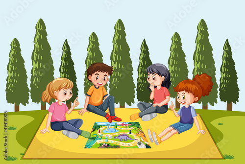 A natural scene landscape with children playing boardgame