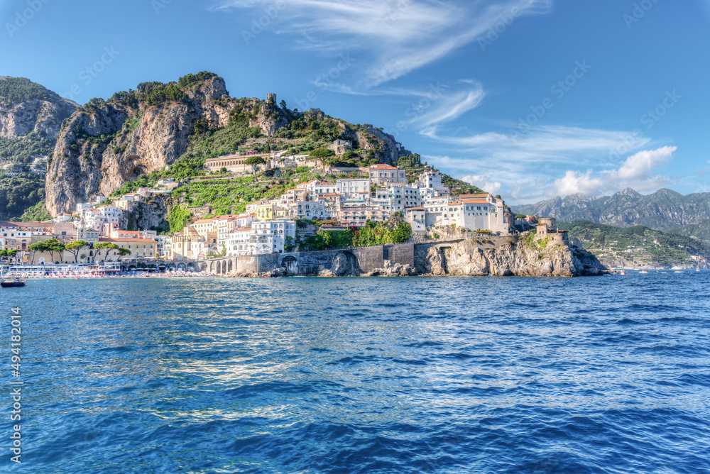 Spectacular view from the sea on the town of Amalfi