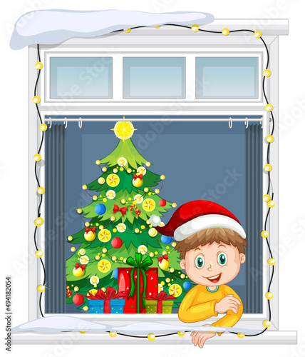 View through the window of cartoon character in Christmas theme