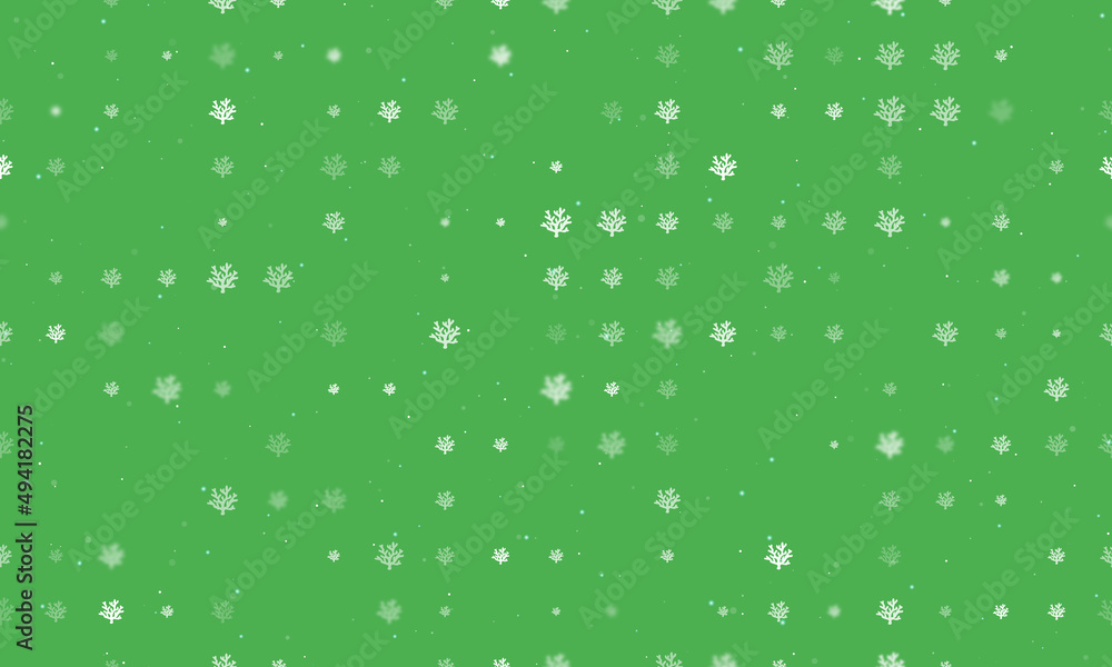 Seamless background pattern of evenly spaced white coral symbols of different sizes and opacity. Vector illustration on green background with stars