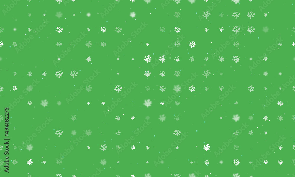 Seamless background pattern of evenly spaced white coral symbols of different sizes and opacity. Vector illustration on green background with stars Seamless background pattern of evenly spaced white coral symbols of different sizes and opacity. Vector illustration on green background with stars