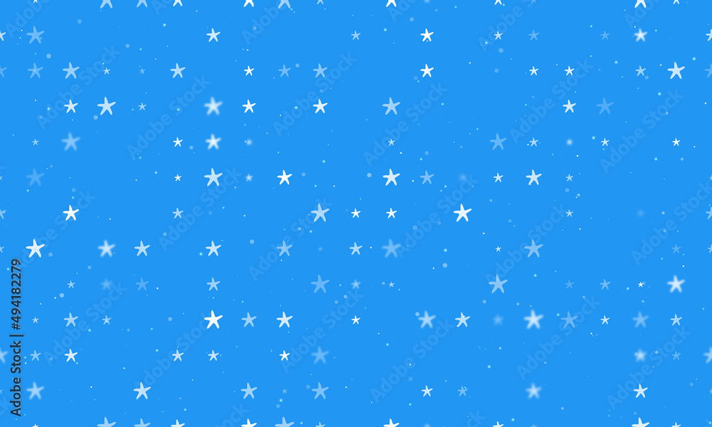 Seamless background pattern of evenly spaced white starfish symbols of different sizes and opacity. Vector illustration on blue background with stars Seamless background pattern of evenly spaced white starfish symbols of different sizes and opacity. Vector illustration on blue background with stars