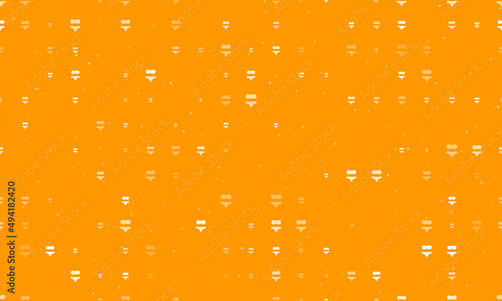 Seamless background pattern of evenly spaced white bikini symbols of different sizes and opacity. Vector illustration on orange background with stars Seamless background pattern of evenly spaced white bikini symbols of different sizes and opacity. Vector illustration on orange background with stars