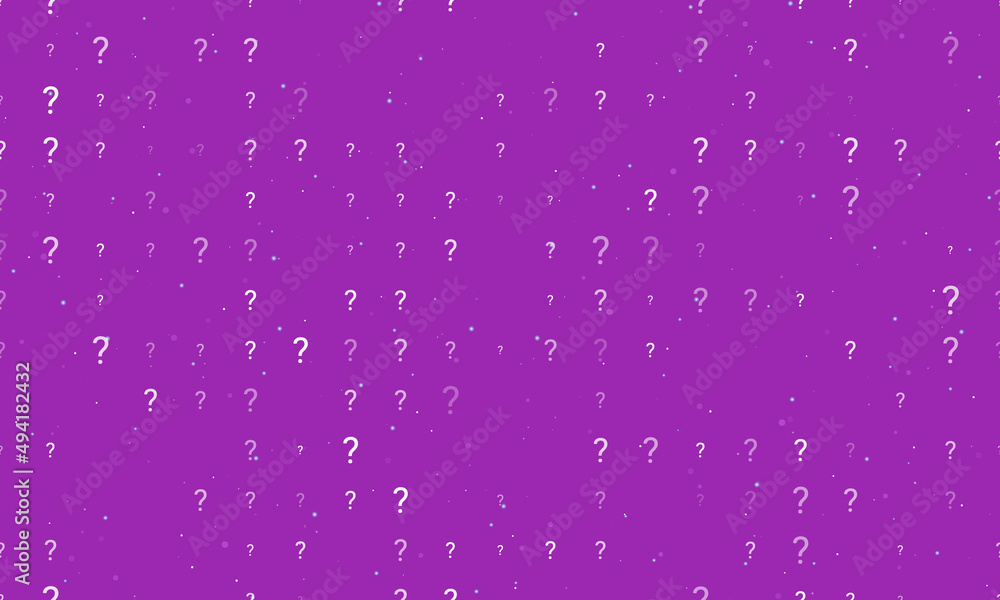 Seamless background pattern of evenly spaced white question symbols of different sizes and opacity. Vector illustration on purple background with stars