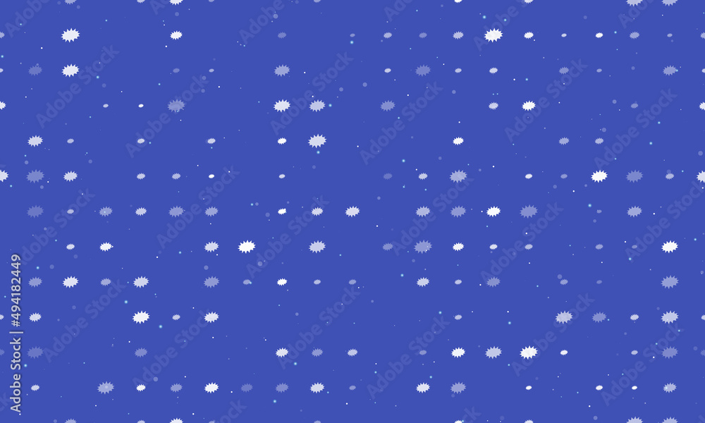 Seamless background pattern of evenly spaced white explosion symbols of different sizes and opacity. Vector illustration on indigo background with stars Seamless background pattern of evenly spaced white explosion symbols of different sizes and opacity. Vector illustration on indigo background with stars