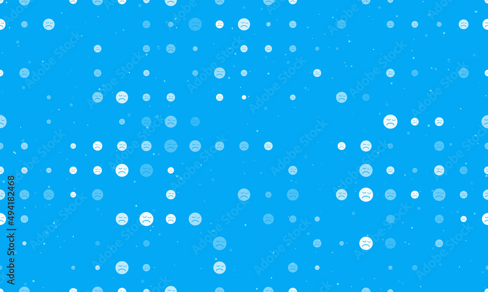 Seamless background pattern of evenly spaced white depression symbols of different sizes and opacity. Vector illustration on light blue background with stars