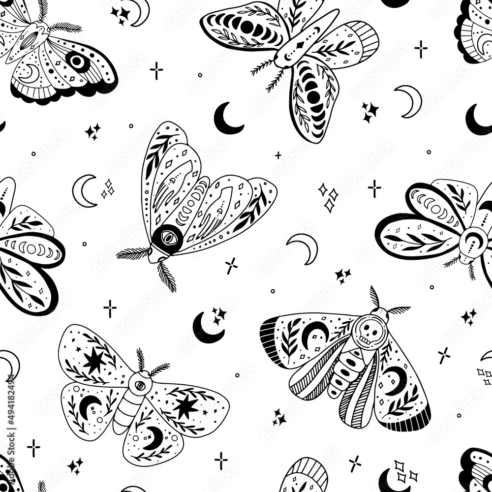 Seamless pattern made with magical moth. Boho, line art minimal style. Abstract insect. Seamless pattern made with magical moth. Boho, line art minimal style. Abstract insect.